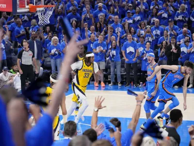 Jun 22, 2025; Oklahoma City, Oklahoma, USA; Oklahoma City Thunder guard Alex Caruso (9) reacts after a play against the Indiana Pacers during game seven of the 2025 NBA Finals at Paycom Center. Mandatory Credit: Kyle Terada-Imagn Images