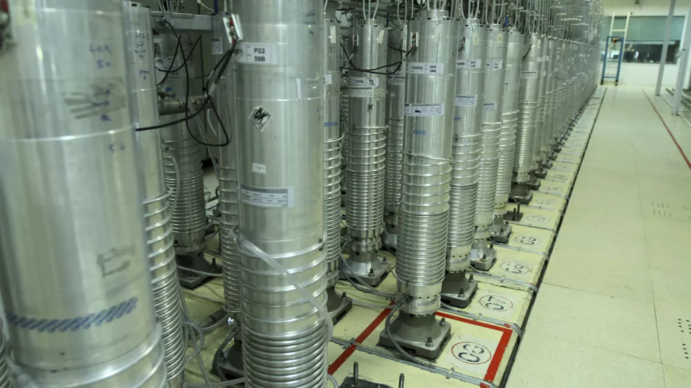 ﻿This photo released on Tuesday, Nov. 5, 2019 by the Atomic Energy Organization of Iran shows centrifuge machines in Natanz uranium enrichment facility in central Iran. Iran announced on Monday that had started gas injection into a 30-machine cascade of advanced IR-6 centrifuges in Natanz complex. (Atomic Energy Organization of Iran via AP)