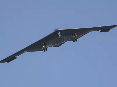 A B-2 bomber arrives at Whiteman Air Force Base Mo., Sunday, June 22, 2025. (AP Photo/David Smith)