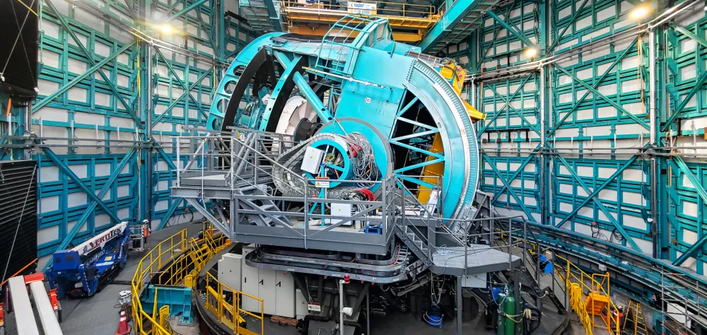 Vera C. Rubin Observatory has passed a major construction milestone: the telescope structure is ready to be outfitted with a full-size replica of its 8.4-meter mirror and stand ins for its 3200-megapixel LSST Camera and other critical optical components. This major milestone means that Rubin Observatory is on track to help probe the mysteries of dark 