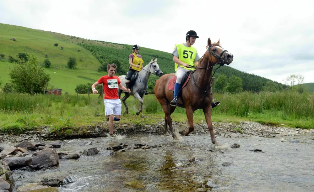 LLANWRTYD WELLS, WALES - JUNE 14: In this handout image provided by Whole Earth Peanut Butter, runners and riders compete in the Man v Horse Marathon powered by Whole Earth Peanut Butter on June 14, 2014 in Llanwrtyd Wells, Wales. The annual race, which started in 1982 sees runners compete against riders on horse-back over 24 miles of challenging terrain. (Photo by Whole Earth Peanut Butter via Getty Images) / Foto: Handout