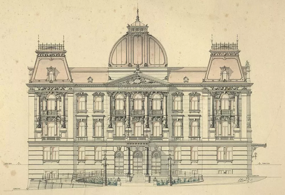 Arhitekt Jan Hrasky: načrt deželnega dvorca v Ljubljani, 1897 Fasada s Kongresnega trga. F Univerza v Ljubljani, Zgodovinski arhiv in muzej / Foto: Univerza V Ljubljani, Zgodovinski Arhiv In Muzej