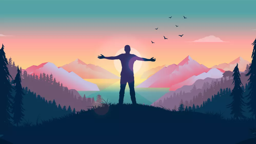 Person standing in front of sun with arms out, watching the beauty of nature and feeling the warmth of the sun. Happiness and personal freedom concept. Vector / Foto: Overearth