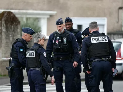 French police secure the area near the Notre-Dame-de-Toutes-Aides high school after one student was killed and other students injured in a school stabbing, in Nantes, France, April 24, 2025. REUTERS/Stephane Mahe