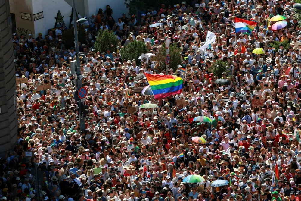 People attend The Budapest Pride March in Budapest, Hungary, June 28, 2025. REUTERS/Bernadett Szabo