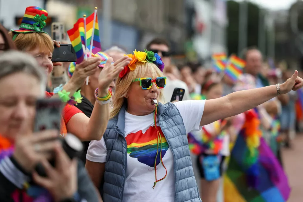 A person gestures during the annual pride parade in Dublin, Ireland, June 28, 2025. REUTERS/Emilija Jefremova