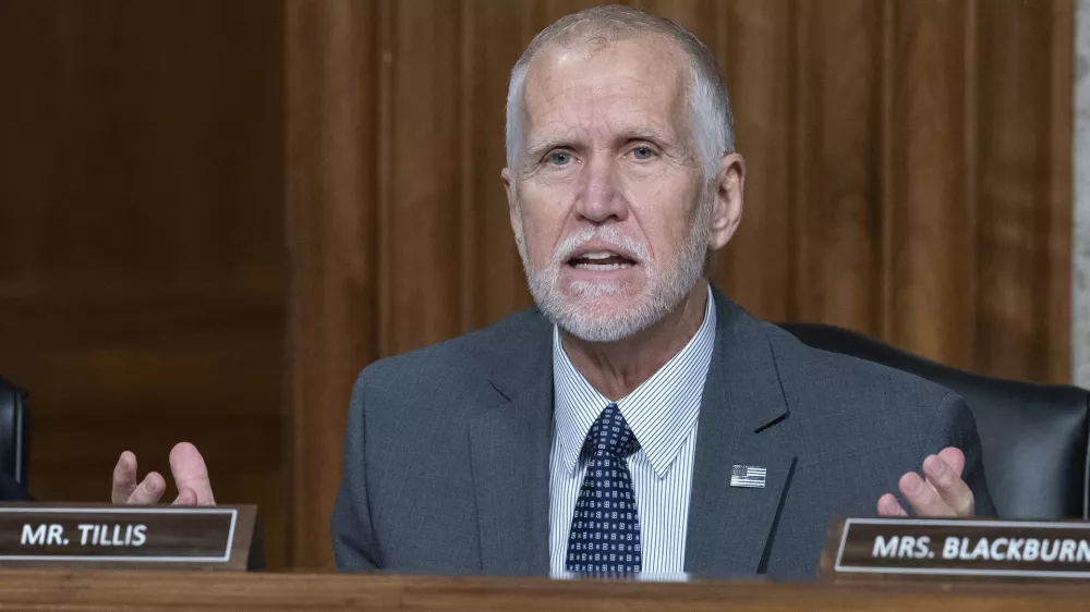 FILE - Sen. Thom Tillis, R-N.C., speaks during a confirmation hearing at the Capitol in Washington, Jan. 29, 2025. (AP Photo/Jose Luis Magana, File)