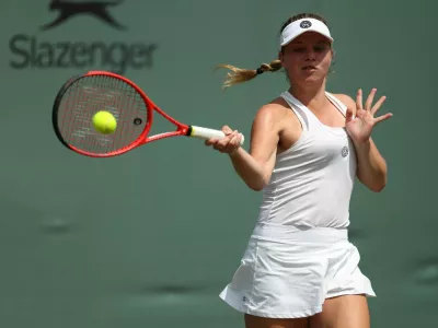 Tennis - Wimbledon - All England Lawn Tennis and Croquet Club, London, Britain - July 1, 2025 Slovenia's Veronika Erjavec in action during her first round match against Ukraine's Marta Kostyuk REUTERS/Isabel Infantes