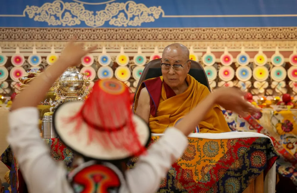 Tibetan spiritual leader, the Dalai Lama, attends a ceremony celebrating his 90th birthday, according to Tibetan lunar calendar, at Tsuglagkhang temple in Dharamshala, India June 30, 2025. REUTERS/Stringer   TPX IMAGES OF THE DAY