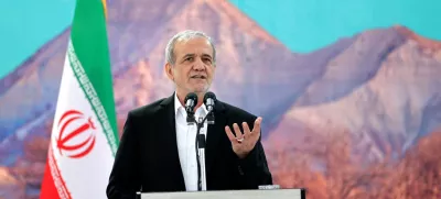 FILE PHOTO: Iranian President Masoud Pezeshkian speaks during a meeting in Ilam, Iran, June 12, 2025. Iran's Presidential website/WANA (West Asia News Agency)/Handout via REUTERS/File Photo