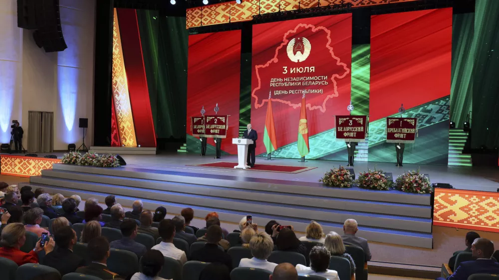 In this photo released by Belarusian Presidential Press Service, Belarusian President Alexander Lukashenko speaks at an assembly in Minsk, Belarus, Tuesday, July 1, 2025, ahead of Belarus Independence Day. (Belarusian Presidential Press Service via AP)