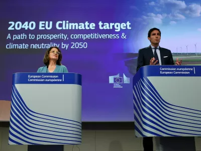 European Commission Executive Vice-President for Clean, Just and Competitive Transition Teresa Ribera and European Commissioner for Climate, Net Zero and Clean Growth Wopke Hoekstra hold a press conference on an EU climate target for 2040 which may allow countries to use carbon credits from developing countries to meet a limited share of the goal, in Brussels, Belgium July 2, 2025. REUTERS/Yves Herman
