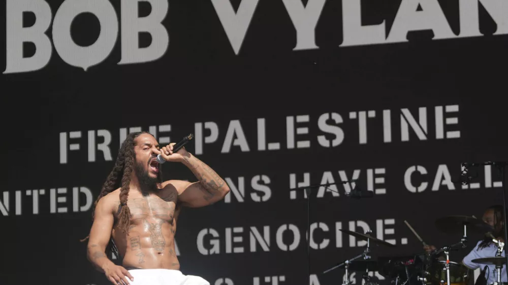 Bob Vylan perform on the West Holts Stage, during the Glastonbury Festival at Worthy Farm in Somerset. England, Saturday, June 28, 2025. (Yui Mok/PA via AP)