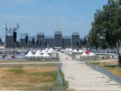 Stage is being built for the Croatian singer Marko Perkovic Thompson poised to break world record for largest paid concert in Zagreb, Croatia, July 2, 2025. REUTERS/Antonio Bronic