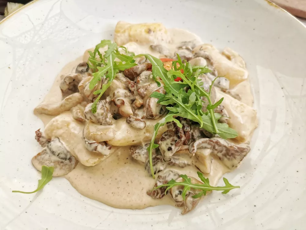 Polnjeni njoki s pljučnim filejem in gobami v nepotrebno smetanovi omaki. / Foto: Miha First