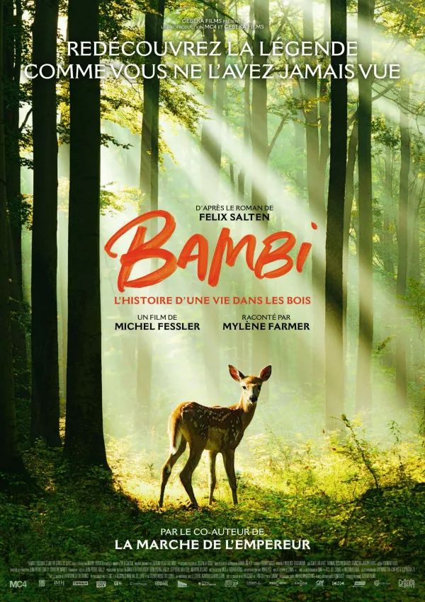 Film, ki ga je lani režiral Michel Fessler, nosi naslov Bambi, l'histoire d'une vie dans les bois (Bambi: A Tale of Life in the Woods) in je francoska igrana adaptacija romana Félixa Saltna iz leta 1923. Gre za njegovo prvo celovečerno režijo in scenarij, posnet pa je bil v realnem okolju z živimi živalmi. V ljubljanski Kinodvor je prišel aprila. / Foto: Arhiv Kinodvor