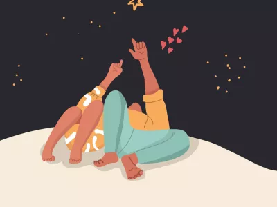 Back view of a couple in love lying outdoors under the stars during a romantic evening together. The man and woman are looking up at the stars. Concept of love and relationship. Hand drawn vector. / Foto: Natalia Loginova