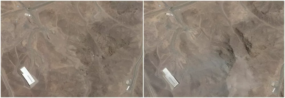 FILE PHOTO: A combination picture shows satellite images over Fordow, before and after the U.S. struck the underground nuclear facility, near Qom, Iran, June 2, 2025 (L) and June 22, 2025. Planet Labs PBC via REUTERS  THIS IMAGE HAS BEEN SUPPLIED BY A THIRD PARTY. MANDATORY CREDIT/File Photo