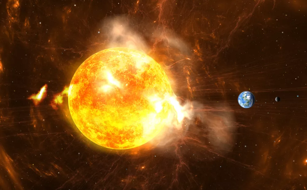 Giant Solar Flares. Sun producing super-storms and massive radiation bursts. All elements made by me / Foto: Pitris