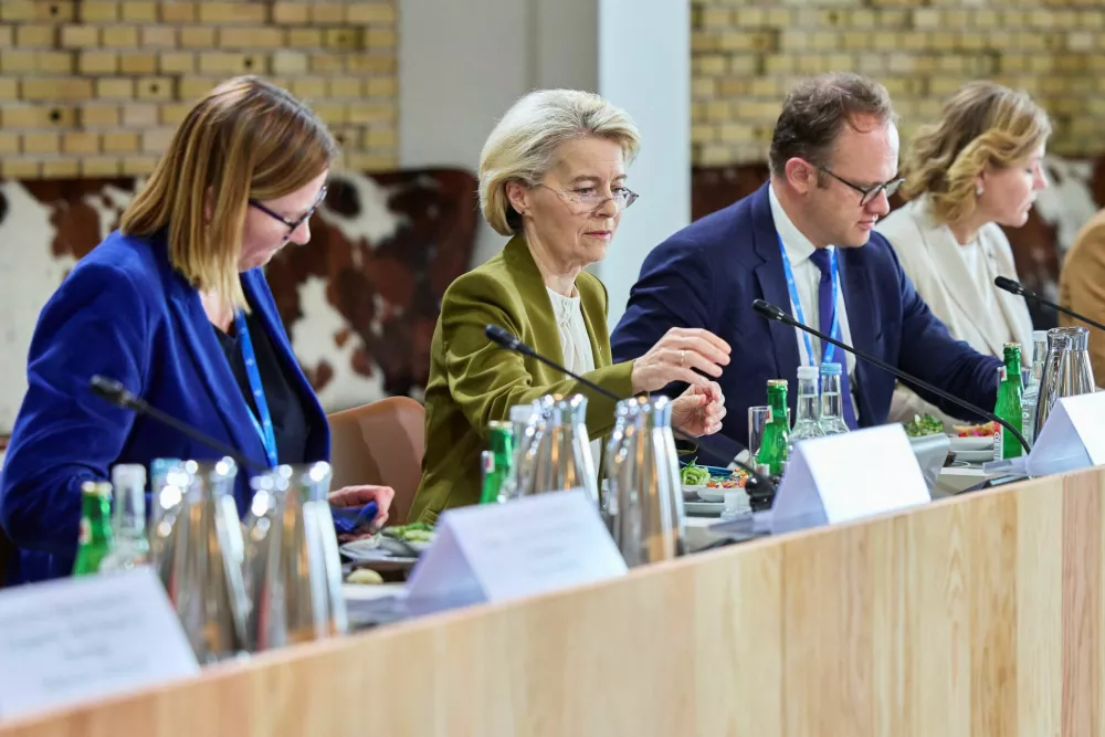 European Commission President Ursula von der Leyen looks on during an initial roundtable meeting at Aarhus University during the official opening of Denmarks EU presidency in Aarhus, Denmark July 3, 2025. Ritzau Scanpix/Mikkel Berg Pedersen via REUTERS  ATTENTION EDITORS - THIS IMAGE WAS PROVIDED BY A THIRD PARTY. DENMARK OUT. NO COMMERCIAL OR EDITORIAL SALES IN DENMARK.