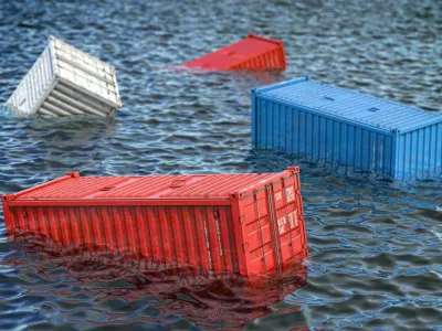 Shipping cargo container lost in the sea or ocean. Cargo isurance concept. 3d illustration Getty Images/iStockphoto