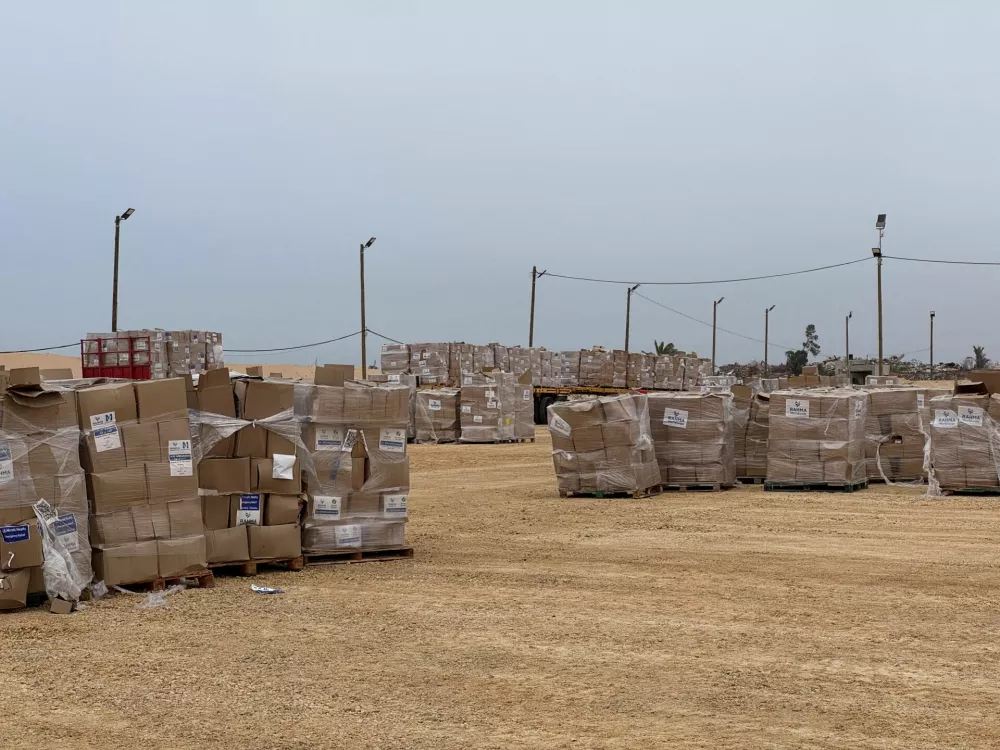Boxes of aid are stacked as Gaza Humanitarian Foundation said it has commenced operations to begin distribution of aid, in Rafah, in the southern Gaza Strip, May 26, 2025. Gaza Humanitarian Foundation/Handout via REUTERS  THIS IMAGE HAS BEEN SUPPLIED BY A THIRD PARTY. NO RESALES. NO ARCHIVES. MANDATORY CREDIT.