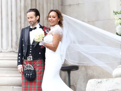 Spice Girl Melanie Brown, Mel B, and her husband hairdresser Rory McPhee on the steps of St Paul's Cathedral, London, following their wedding. Picture date: Saturday July 5, 2025. (Photo by Toby Shepheard/PA Images via Getty Images)