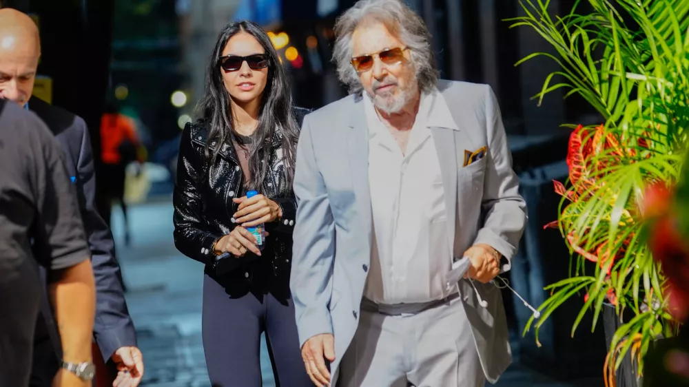 NEW YORK, NEW YORK - AUGUST 24: Noor Alfallah and Al Pacino arrive for a music video shoot with Bad Bunny on August 24, 2023 in New York City. (Photo by Gotham/GC Images)