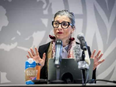 UN Special Rapporteur for the occupied Palestinian territories Francesca Albanese gives a press conference at the UN City in Copenhagen, Wednesday, Feb. 5, 2025. (Ida Marie Odgaard/Ritzau Scanpix via AP)