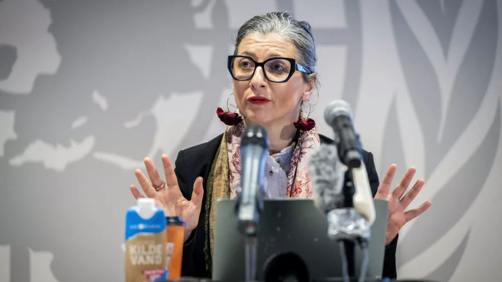 UN Special Rapporteur for the occupied Palestinian territories Francesca Albanese gives a press conference at the UN City in Copenhagen, Wednesday, Feb. 5, 2025. (Ida Marie Odgaard/Ritzau Scanpix via AP)