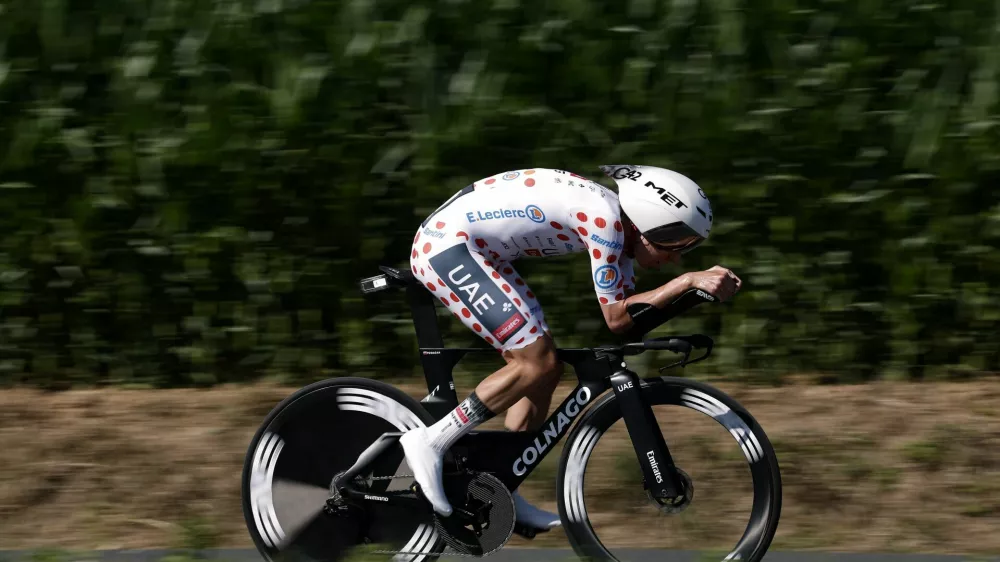 Cycling - Tour de France - Stage 5 - Caen to Caen - Caen, France - July 9, 2025 UAE Team Emirates XRG's Tadej Pogacar in action during the stage 5 time trial REUTERS/Benoit Tessier