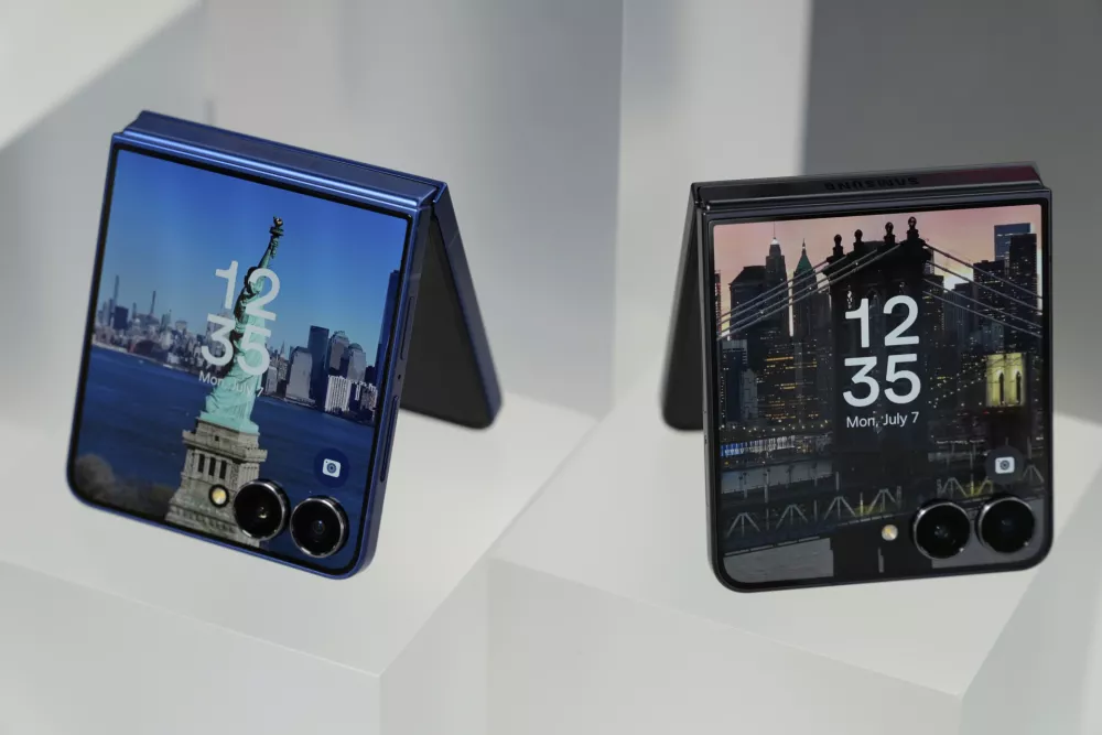 The new Galaxy Z Flip 7 is displayed during a Samsung preview event in New York, Monday, July 7, 2025. (AP Photo/Seth Wenig)