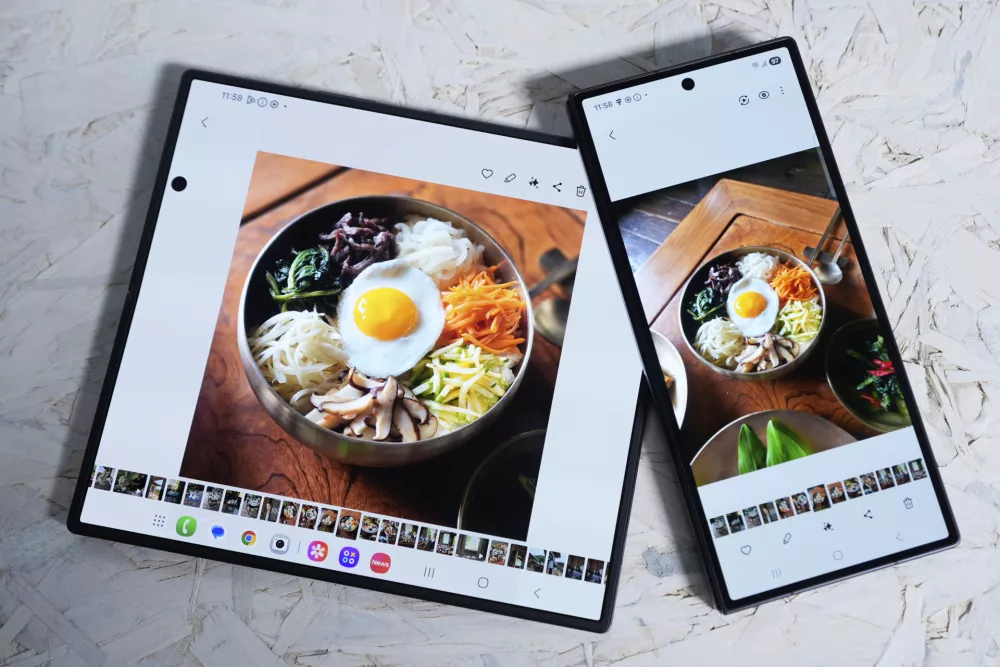 The new Galaxy Z Fold 7 is displayed during a Samsung preview event in New York, Monday, July 7, 2025. (AP Photo/Seth Wenig)