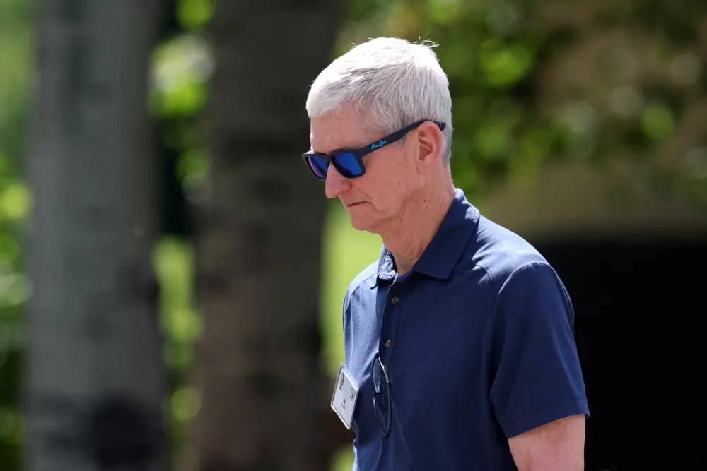 Tim Cook, CEO of Apple, attends the Allen and Company Sun Valley Media and Technology Conference at The Sun Valley Resort in Sun Valley, Idaho, U.S., July 9, 2025. REUTERS/Brendan McDermid