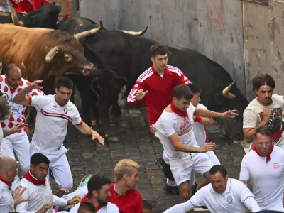 Revelers run alongside La Palmosilla's fighting bulls during the seventh running of the bulls at the San Fermín festival in Pamplona, Spain, Sunday, July 13, 2025. (AP Photo/Miguel Oses)