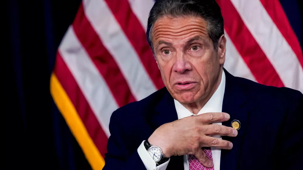 ﻿FILE PHOTO: New York Governor Andrew Cuomo speaks during a news conference, in New York, U.S., May 10, 2021. Mary Altaffer/Pool via REUTERS/File Photo