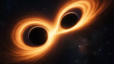 Ilustrativna slika zlitja dveh črnih lukenj. Sliko je ustvarila umetna inteligenca.