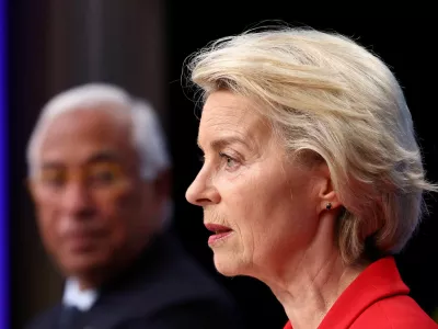 European Commission President Ursula von der Leyen speaks next to Polish Prime Minister Donald Tusk and European Council President Antonio Costa during a press conference, on the day of the European Union leaders summit in Brussels, Belgium June 26, 2025. REUTERS/Yves Herman