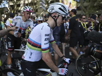 Slovenia's Tadej Pogacar leaves after the eleventh stage of the Tour de France cycling race over 156.8 kilometers (97.4 miles) with start and finish in Toulouse, France, Wednesday, July 16, 2025. (Christophe Petit Tesson, Pool via AP)