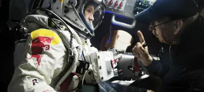 Pilot Felix Baumgartner of Austria and life support engineer Mike Todd of the United States seen during the egress training for Red Bull Stratos, a mission to the edge of space to break the speed of sound in freefall in Lancaster, California, USA on February 23 2012.