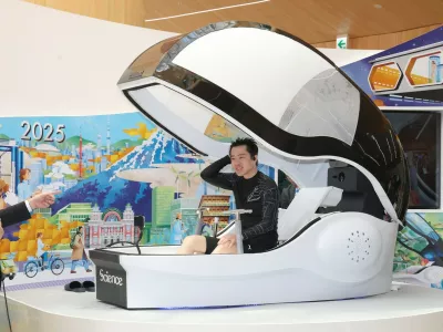 Osaka Governor Hirofumi Yoshimura experiences the "Future Human Washing Machine" at the "Osaka Healthcare Pavilion" of the Osaka Expo in the city of Osaka, Sunday, March 23, 2025. A preview ceremony was held Sunday for the Osaka Healthcare Pavilion to be run by the prefecture and city of Osaka at the 2025 World Exposition, which begins next month in the western Japan city. (Jiji Press),Image: 978740935, License: Rights-managed, Restrictions: Only to be used in news reporting on the relevant subject, Model Release: no