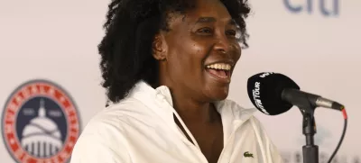 Venus Williams speaks to the media during a news conference at the Citi Open tennis tournament Sunday, July 20, 2025, in Washington. (AP Photo/Nick Wass)