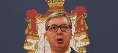 Serbian President Aleksandar Vucic speaks during a signing ceremony between Serbia and Hungary, in Belgrade, Serbia, Tuesday, April 1, 2025. (AP Photo/Darko Vojinovic)