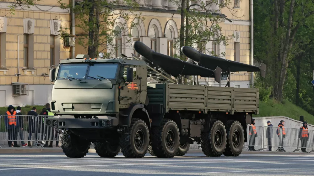 FILE PHOTO: An armoured truck transports Russia's Geran unmanned comabt aerial vehicles before a military parade on Victory Day, marking the 80th anniversary of the victory over Nazi Germany in World War Two, in Moscow, Russia, May 9, 2025. REUTERS/Shamil Zhumatov/File Photo