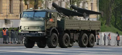 FILE PHOTO: An armoured truck transports Russia's Geran unmanned comabt aerial vehicles before a military parade on Victory Day, marking the 80th anniversary of the victory over Nazi Germany in World War Two, in Moscow, Russia, May 9, 2025. REUTERS/Shamil Zhumatov/File Photo