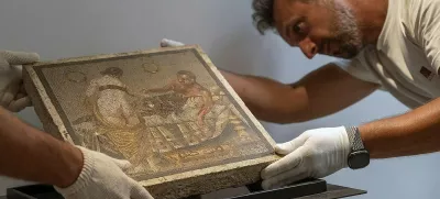 An erotic Ancient Roman mosaic stolen by a Wehrmacht officer in 1944 and given to a German citizen was returned to its rightful home at Pompeii, Italy in a ceremony by Italy's crack art cops on July 15, 2025. The German army captain, responsible for the military supply chain in Italy during World War II, handed over the mosaic of a pair of lovers in an erotic scene to a German citizen whose family have now returned it thanks to the Carabinieri of the Cultural Heritage Protection Unit (TPC) of Rome. The work of great cultural interest dates between the mid-last century BC and the 1st century AD. Repatriated from Germany through a diplomatic expedition, the mosaic most likely decorated the floor of a private room reserved for the master of the house. The work is likely from the Vesuvian area, perhaps from a villa in the Pompeian suburbs. The paramilitary personnel of the Cultural Heritage Protection Command in Rome, realizing they were dealing with a work of extraordinary cultural interest and, among other things, linked to the wartime plundering of artworks belonging to the Italian state heritage, conducted the necessary investigations to establish its authenticity and provenance. Photo by (EV) Parco Pompei/ ABACAPRESS.COM,Image: 1022160447, License: Rights-managed, Restrictions: Usage restrictions: Advertising and promotion,Commercial electronic,Consumer goods,Direct mail and brochures,Indoor display,Internal business usage,Personal use, Model Release: noFoto: Profimedia