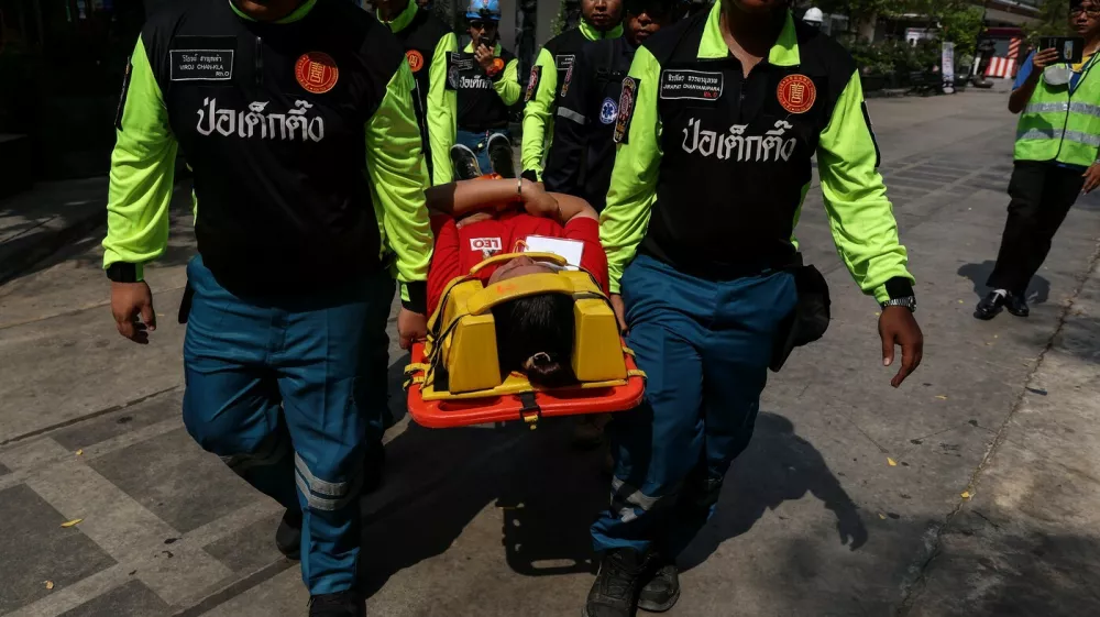 March 8, 2024, Bangkok, Thailand: Emergency personnel perform first aid operations during a mass shooting training exercise at Asiatique The Riverfront shopping mall in Bangkok, Thailand, March 8, 2024. The mass shooting that occurred at Bangkok's Siam Paragon shopping mall on October 3, 2023, drew attention to Thailand's rate of gun ownership, one of the highest in Asia.,Image: 854913449, License: Rights-managed, Restrictions:, Model Release: noFoto: Profimedia