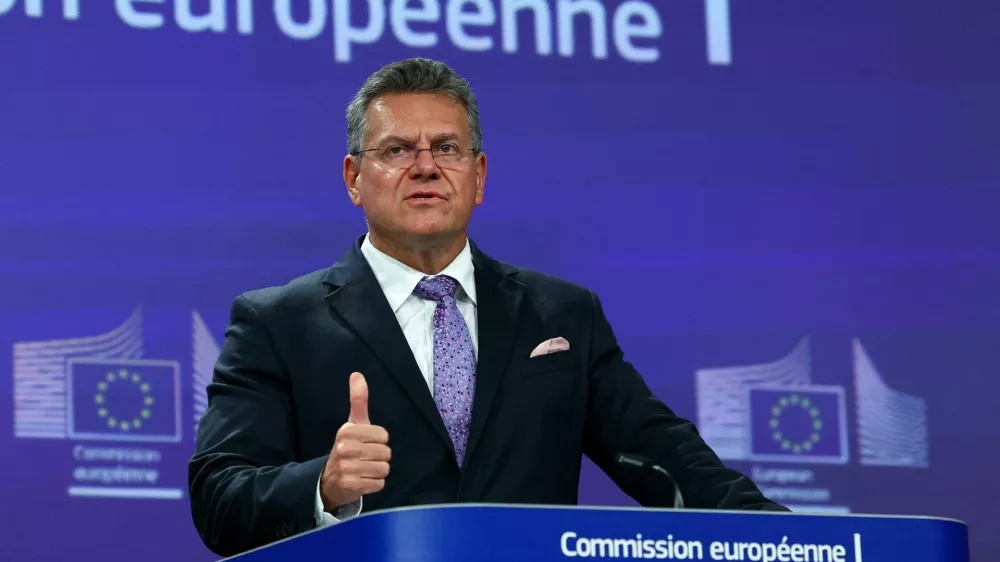 European Commissioner for Trade Maros Sefcovic attends a press conference on EU-US trade deal, in Brussels, Belgium, July 28, 2025. REUTERS/Yves Herman