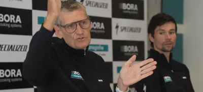 FILED - 10 January 2024, Spain, Palma: Red Bull-Bora-hansgrohe sporting leader Rolf Aldag (L) and Primoz Roglic takes part in the Bora-hansgrohe team presentation in Palma. Photo: Clara Margais/dpa