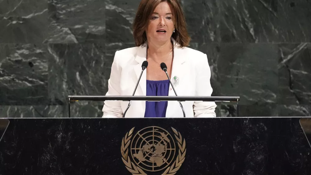 Slovenia Deputy Prime Minister and Foreign Minister Tanja Fajon addresses the United Nations General Assembly, Monday, July 28, 2025. (AP Photo/Richard Drew)